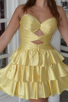 Load image into Gallery viewer, Dark Red Strapless Cut Out Ruffled Short Cocktail Dress