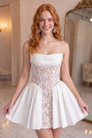 Load image into Gallery viewer, White A-Line Strapless Corset Short Cocktail Dress with Lace