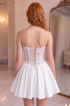 White A-Line Strapless Corset Short Cocktail Dress with Lace