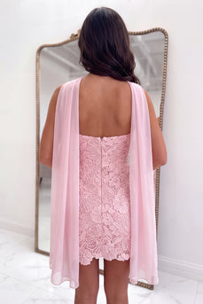 Pink Tight Neck Scarf Strapless Short Cocktail Dress with Lace