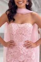 Load image into Gallery viewer, Pink Tight Neck Scarf Strapless Short Cocktail Dress with Lace