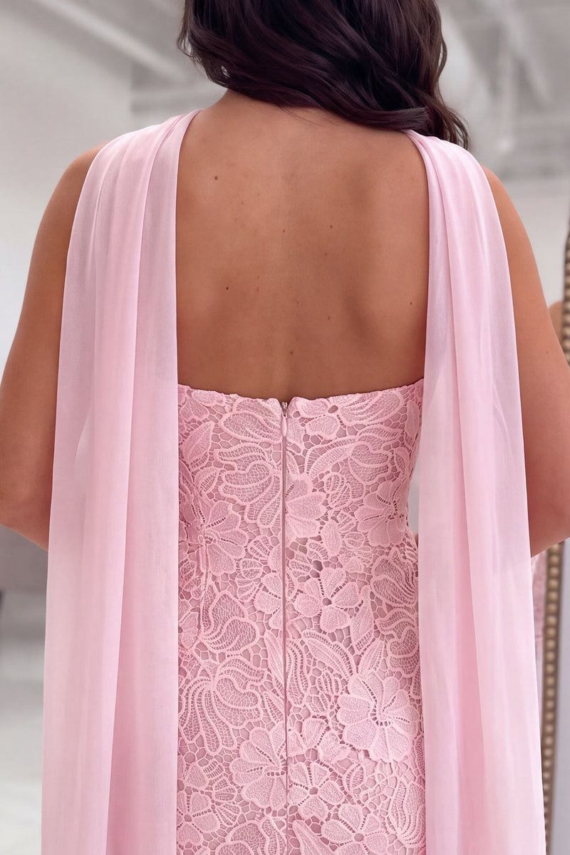 Load image into Gallery viewer, Pink Tight Neck Scarf Strapless Short Cocktail Dress with Lace