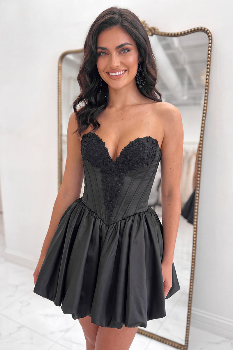 Load image into Gallery viewer, Black Corset Appliqued Sweetheart Short Cocktail Dress