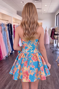 Blue Floral A-Line Jacquard Strapless Short Cocktail Dress with Bow