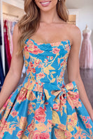 Load image into Gallery viewer, Blue Floral A-Line Jacquard Strapless Short Cocktail Dress with Bow