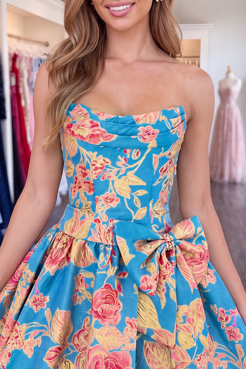 Load image into Gallery viewer, Blue Floral A-Line Jacquard Strapless Short Cocktail Dress with Bow