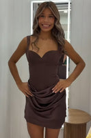Load image into Gallery viewer, Coffee Bodycon Thick Straps Draped Short Cocktail Dress