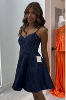 Load image into Gallery viewer, Sparkly Navy A-Line Beaded Spaghetti Straps Short Cocktail Dress