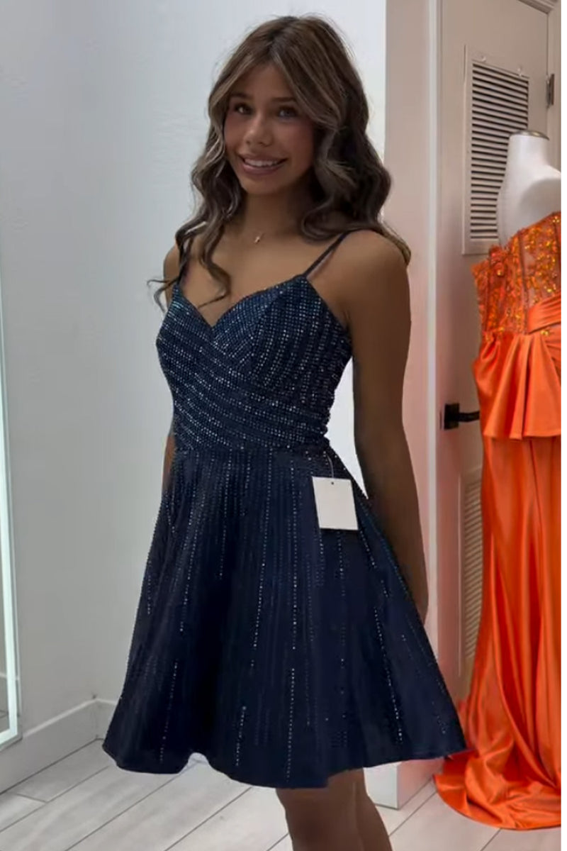 Load image into Gallery viewer, Sparkly Navy A-Line Beaded Spaghetti Straps Short Cocktail Dress
