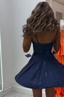 Load image into Gallery viewer, Sparkly Navy A-Line Beaded Spaghetti Straps Short Cocktail Dress
