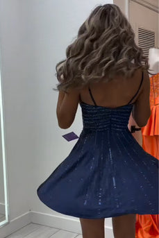 Sparkly Navy A-Line Beaded Spaghetti Straps Short Cocktail Dress