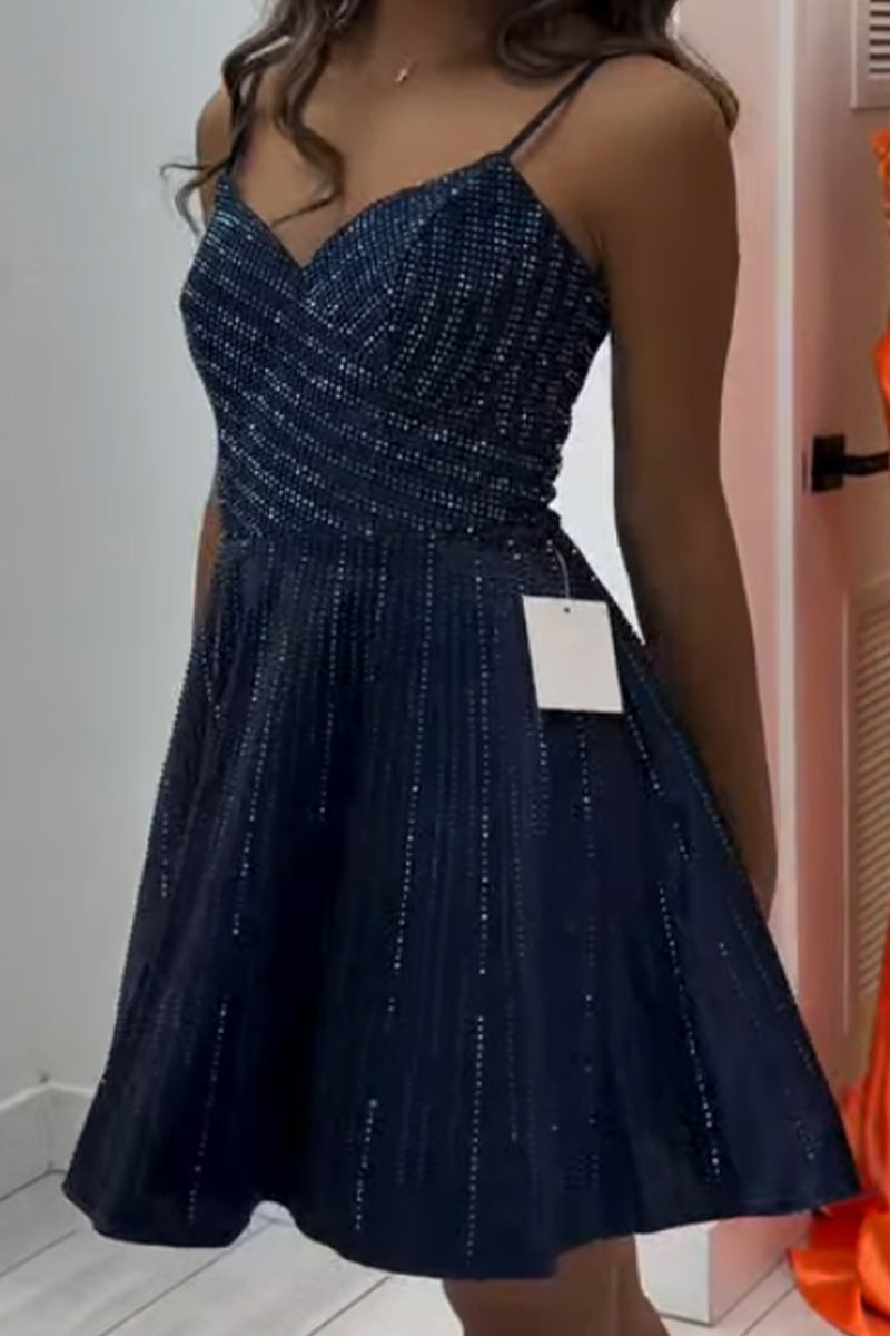 Load image into Gallery viewer, Sparkly Navy A-Line Beaded Spaghetti Straps Short Cocktail Dress