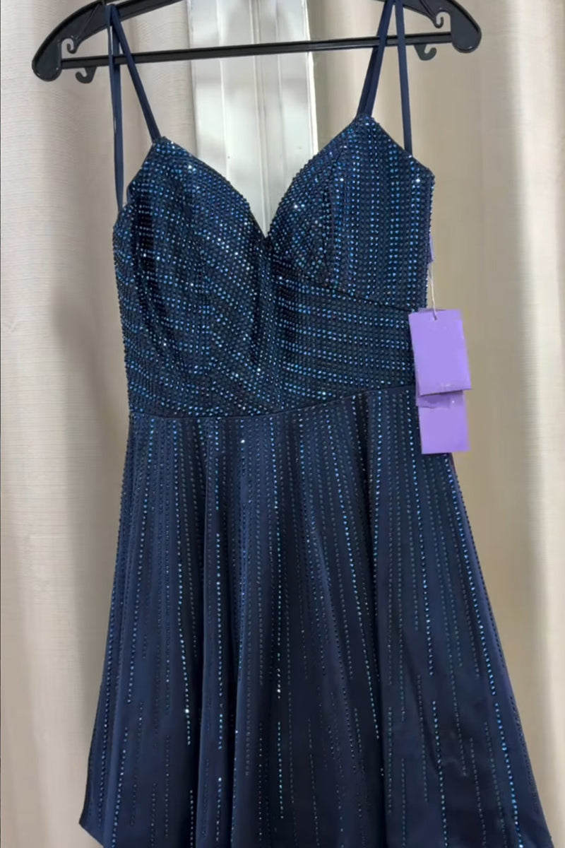 Load image into Gallery viewer, Sparkly Navy A-Line Beaded Spaghetti Straps Short Cocktail Dress