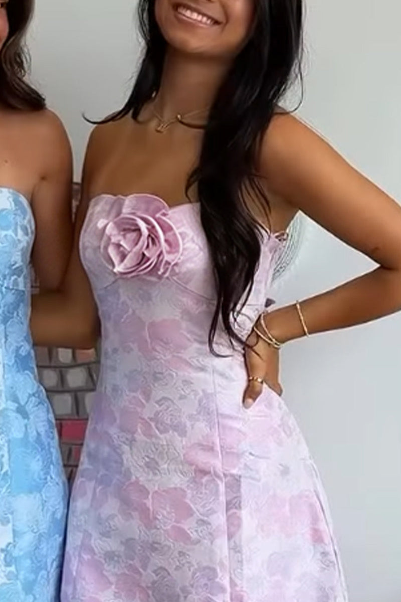 Load image into Gallery viewer, Pink Strapless A-Line Short Cocktail Dress with 3D Flower