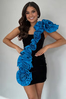 Load image into Gallery viewer, Blue Tight Floral One Shoulder Short Cocktail Dress with Ruffles