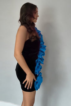 Blue Tight Floral One Shoulder Short Cocktail Dress with Ruffles