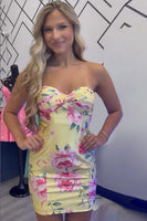 Load image into Gallery viewer, Yellow Bodycon Sweetheart Printed Short Cocktail Dress