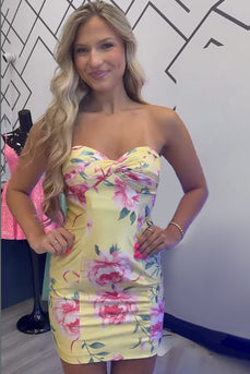 Yellow Bodycon Sweetheart Printed Short Cocktail Dress