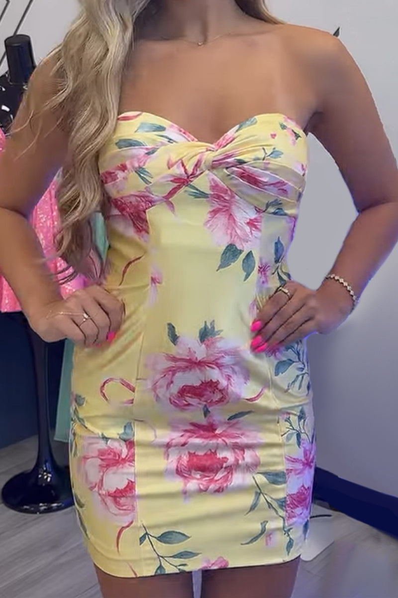 Load image into Gallery viewer, Yellow Bodycon Sweetheart Printed Short Cocktail Dress