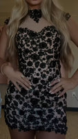 Load image into Gallery viewer, Black Floral Tight High Neck Short Cocktail Dress with Keyhole