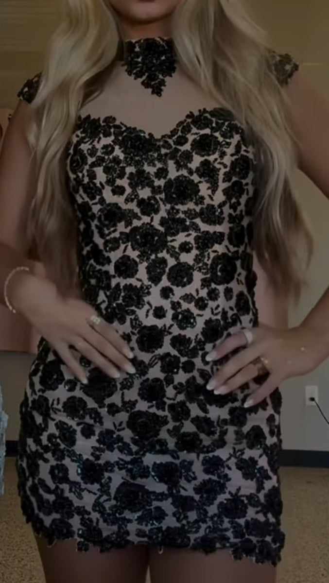 Load image into Gallery viewer, Black Floral Tight High Neck Short Cocktail Dress with Keyhole