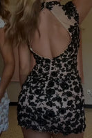 Load image into Gallery viewer, Black Floral Tight High Neck Short Cocktail Dress with Keyhole