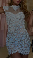 Load image into Gallery viewer, Black Floral Tight High Neck Short Cocktail Dress with Keyhole