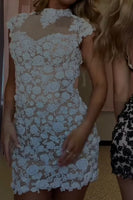 Load image into Gallery viewer, Black Floral Tight High Neck Short Cocktail Dress with Keyhole