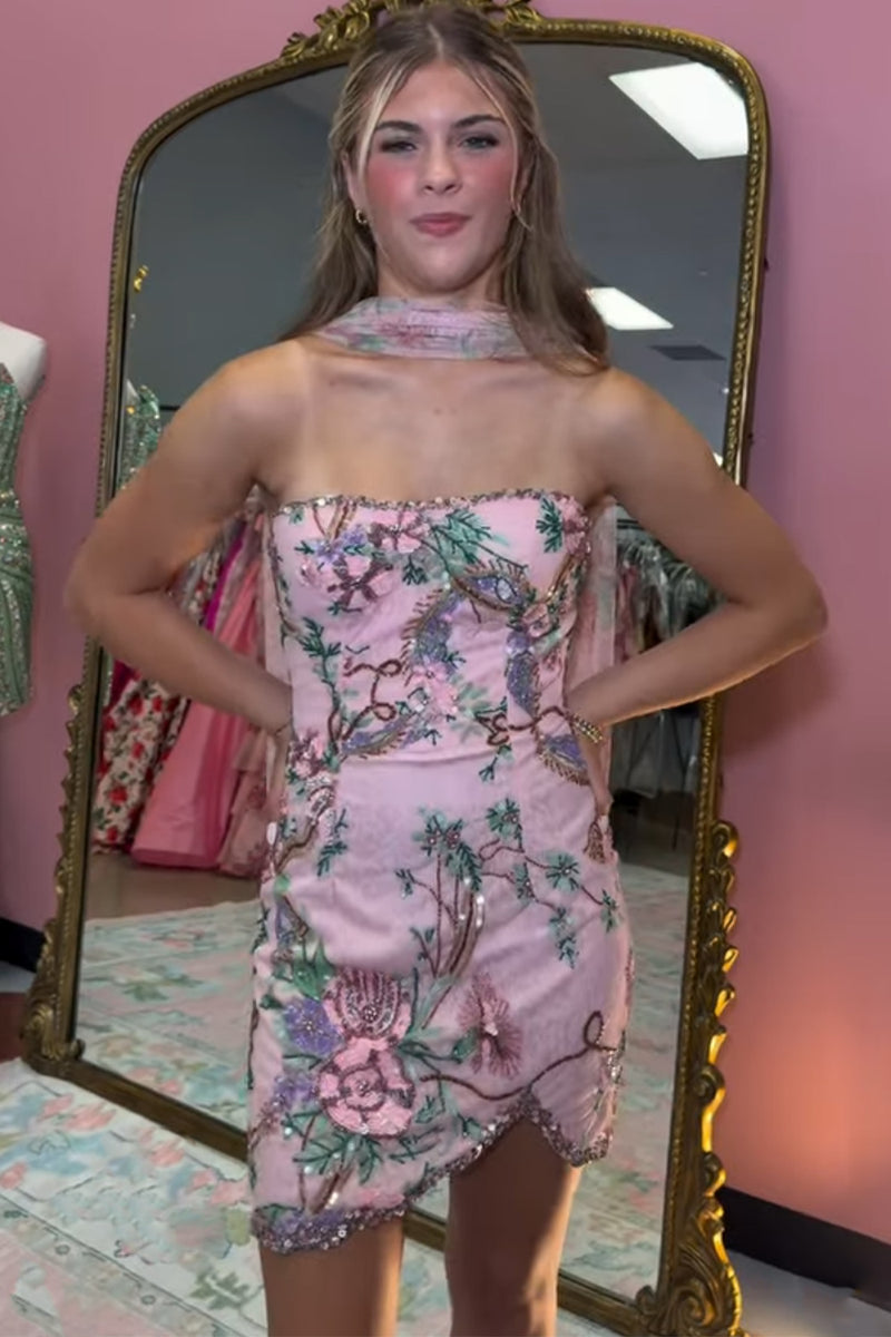 Load image into Gallery viewer, Sparkly Pink Tight Strapless Beaded Mini Cocktail Dress with Sequins