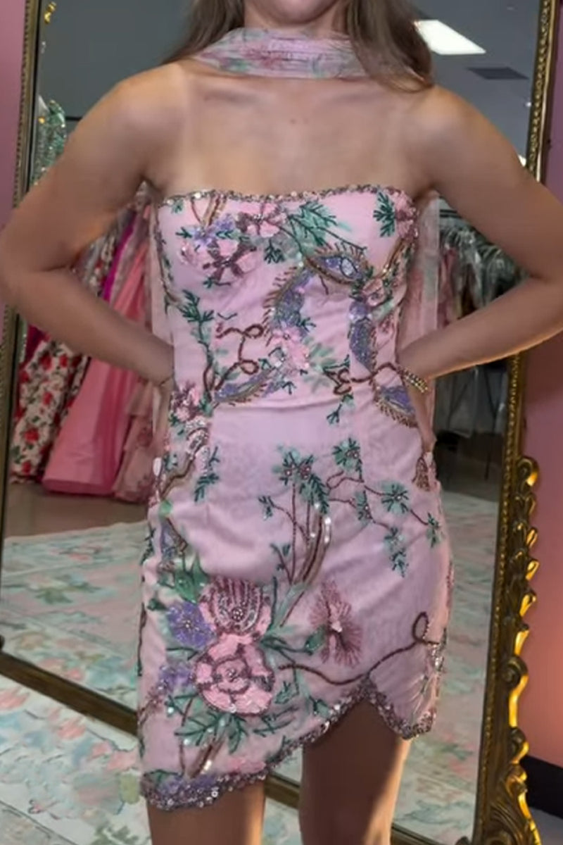 Load image into Gallery viewer, Sparkly Pink Tight Strapless Beaded Mini Cocktail Dress with Sequins