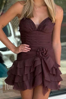 Load image into Gallery viewer, Brown Halter Neck Ruffled Short Cocktail Dress with 3D Flowers