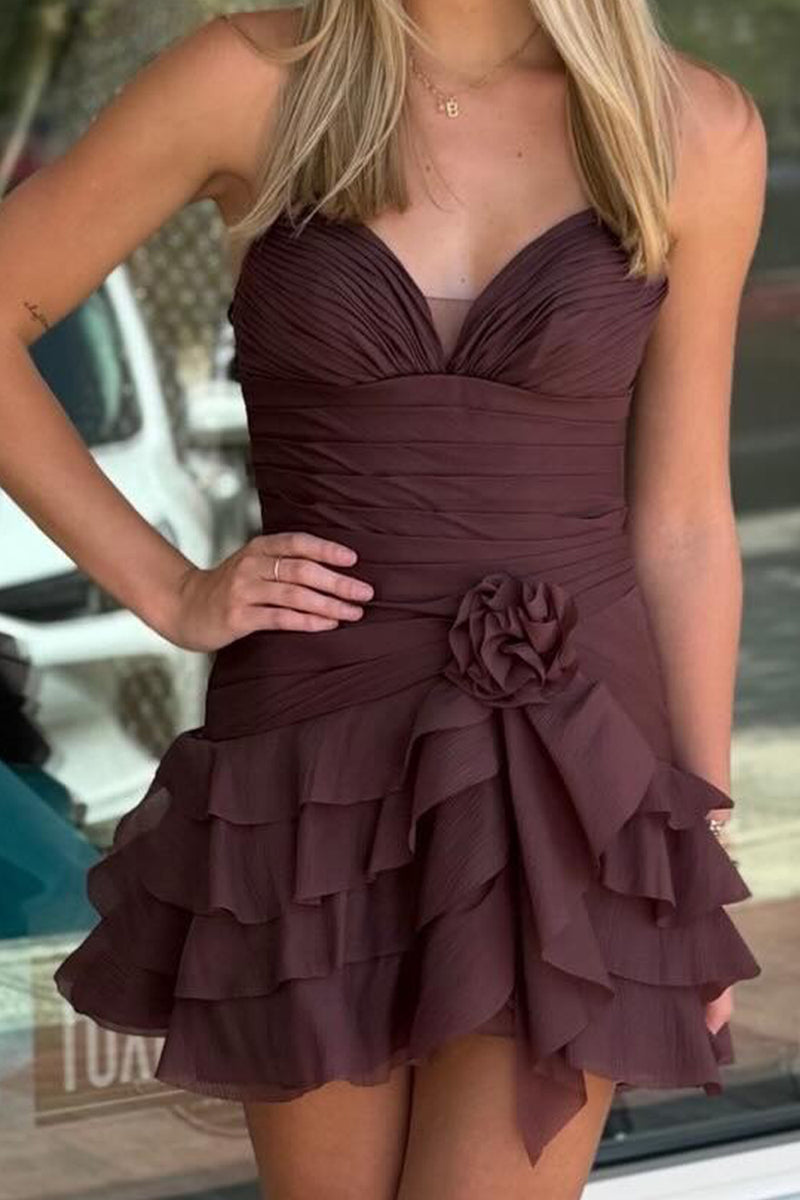 Load image into Gallery viewer, Brown Halter Neck Ruffled Short Cocktail Dress with 3D Flowers