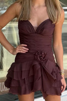 Load image into Gallery viewer, Brown Halter Neck Ruffled Short Cocktail Dress with 3D Flowers