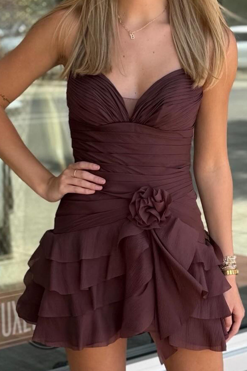 Load image into Gallery viewer, Brown Halter Neck Ruffled Short Cocktail Dress with 3D Flowers