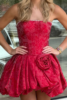 Red Strapless Corset A Line Short Cocktail Dress with 3D Flower