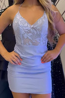 Load image into Gallery viewer, Lilac Bodycon Halter V Neck Short Cocktail Dress with Lace