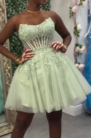 Load image into Gallery viewer, Floral Sage Green A Line Corset Strapless Short Cocktail Dress
