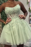 Load image into Gallery viewer, Floral Sage Green A Line Corset Strapless Short Cocktail Dress