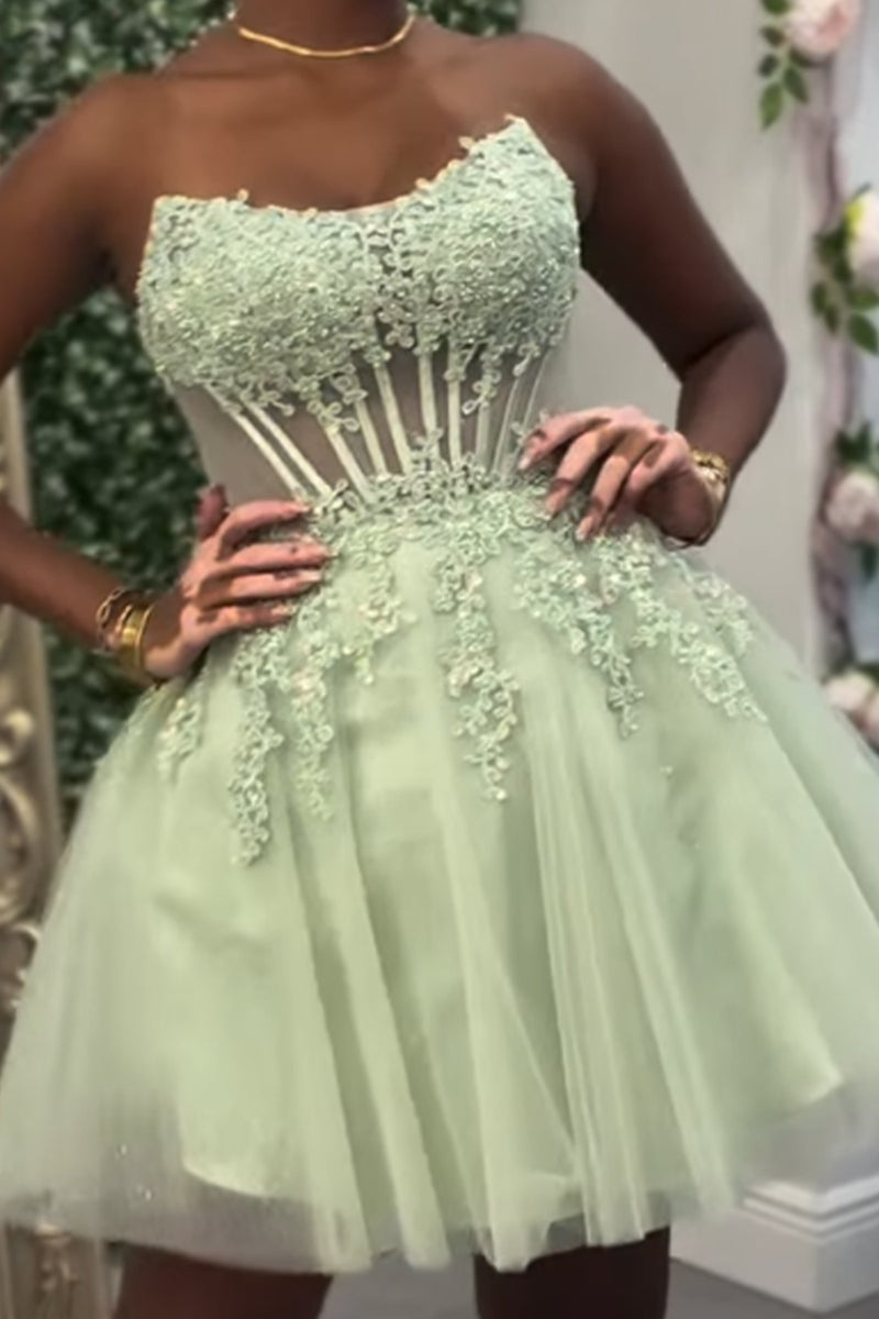 Load image into Gallery viewer, Floral Sage Green A Line Corset Strapless Short Cocktail Dress
