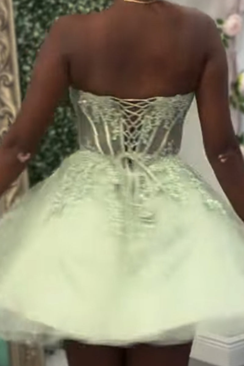 Load image into Gallery viewer, Floral Sage Green A Line Corset Strapless Short Cocktail Dress