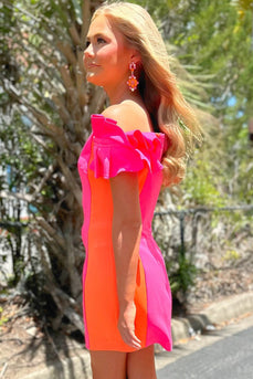 Fuchsia Tight Off the Shoulder Patchwork Ruffled Short Cocktail Dress