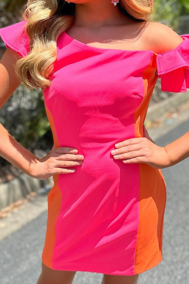 Load image into Gallery viewer, Fuchsia Tight Off the Shoulder Patchwork Ruffled Short Cocktail Dress