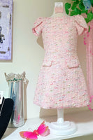 Load image into Gallery viewer, Light Pink Round Neck A Line Tweed Short Cocktail  Dress with Sleeves