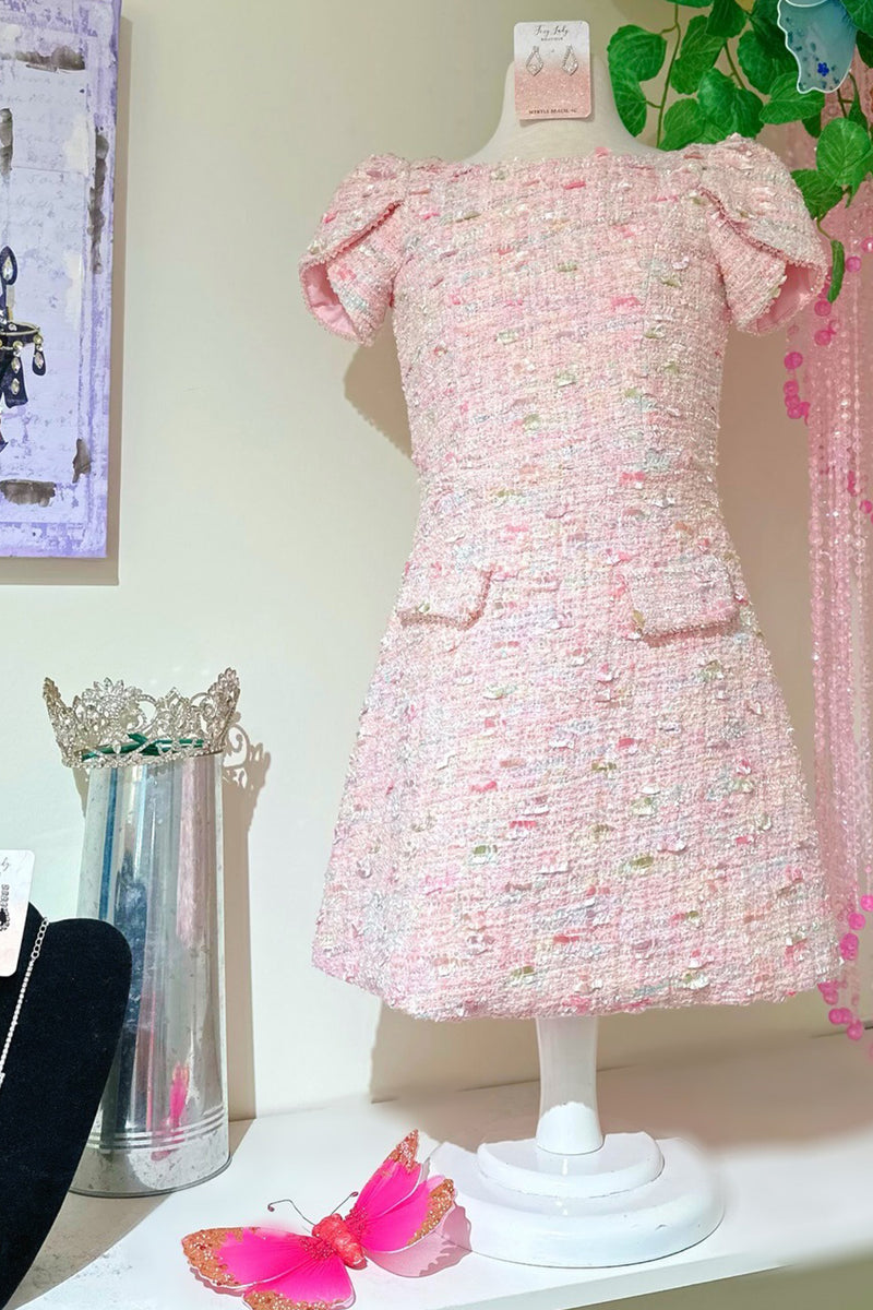 Load image into Gallery viewer, Light Pink Round Neck A Line Tweed Short Cocktail  Dress with Sleeves