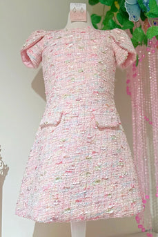 Light Pink Round Neck A Line Tweed Short Cocktail  Dress with Sleeves