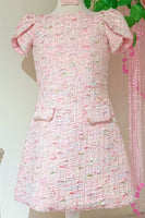 Load image into Gallery viewer, Light Pink Round Neck A Line Tweed Short Cocktail  Dress with Sleeves