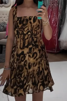 Brown Leopard A-Line Square Neck Printed Short Cocktail Dress