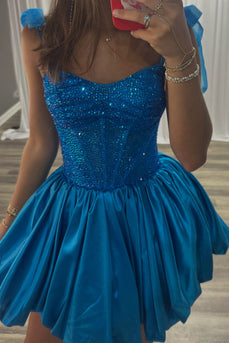 Sparkly Blue Corset A Line Spaghetti Straps Short Cocktail Dress with Bows