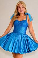Load image into Gallery viewer, Sparkly Blue Corset A Line Spaghetti Straps Short Cocktail Dress with Bows