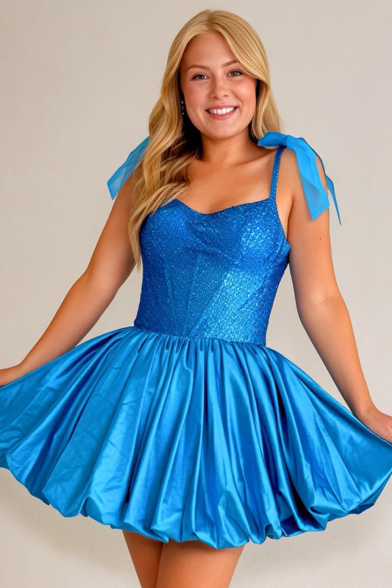 Load image into Gallery viewer, Sparkly Blue Corset A Line Spaghetti Straps Short Cocktail Dress with Bows